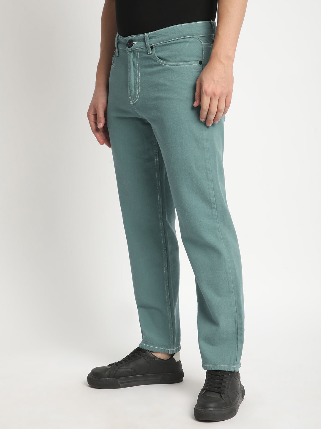 Men Teal Green Relaxed Fit Solid Coloured Jeans