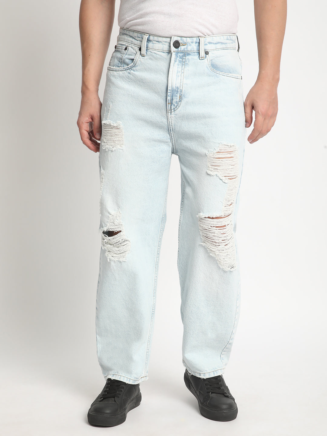 Men Light Blue Baggy Fit  Solid Highly Distressed Jeans