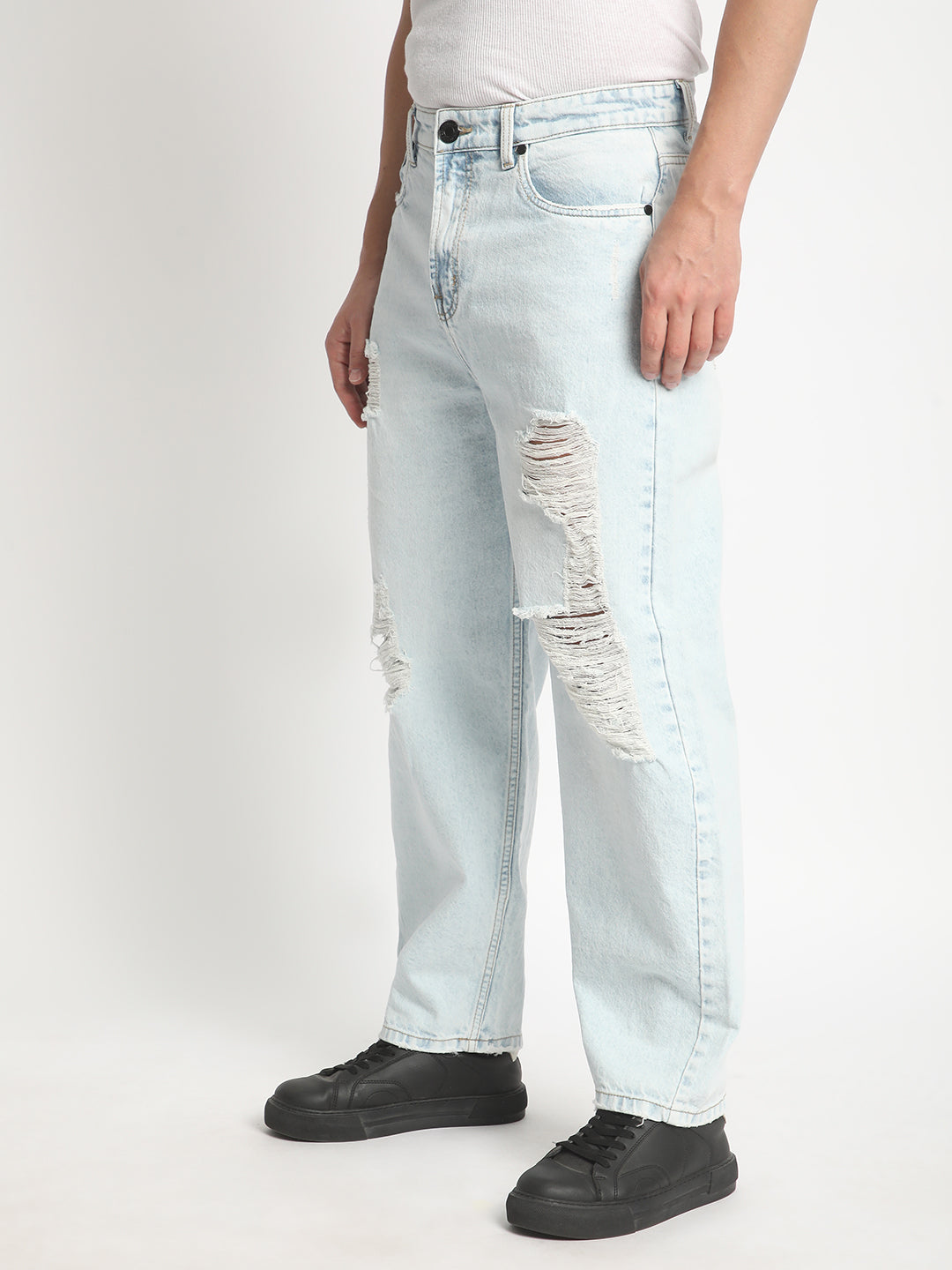 Men Light Blue Baggy Fit  Solid Highly Distressed Jeans