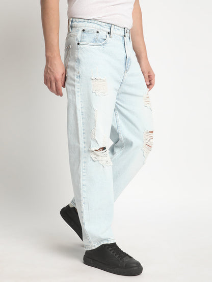 Men Light Blue Baggy Fit  Solid Highly Distressed Jeans