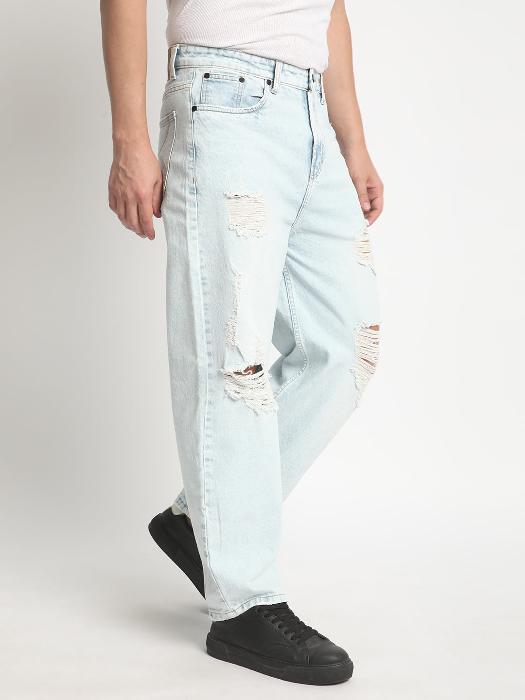 Men Light Blue Straight Fit Solid Highly Distressed Jeans