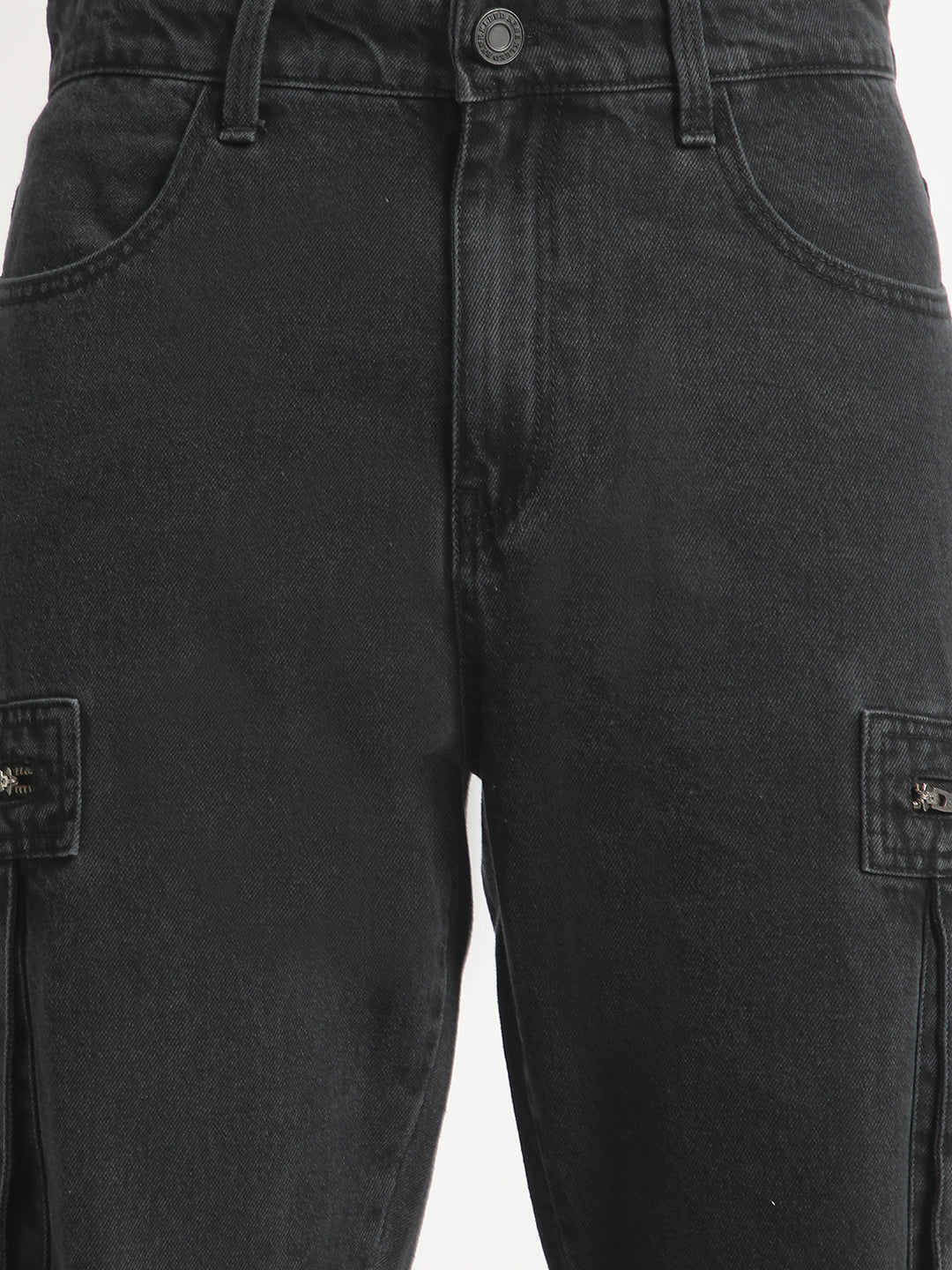 Men Charcoal Grey Straight Fit Solid Cargo Jeans with Zipper Pockets