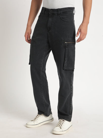 Men Charcoal Grey Straight Fit Solid Cargo Jeans with Zipper Pockets