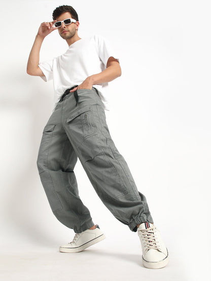 Loose Balloon Fit Solid Cargo Joggers with Belt