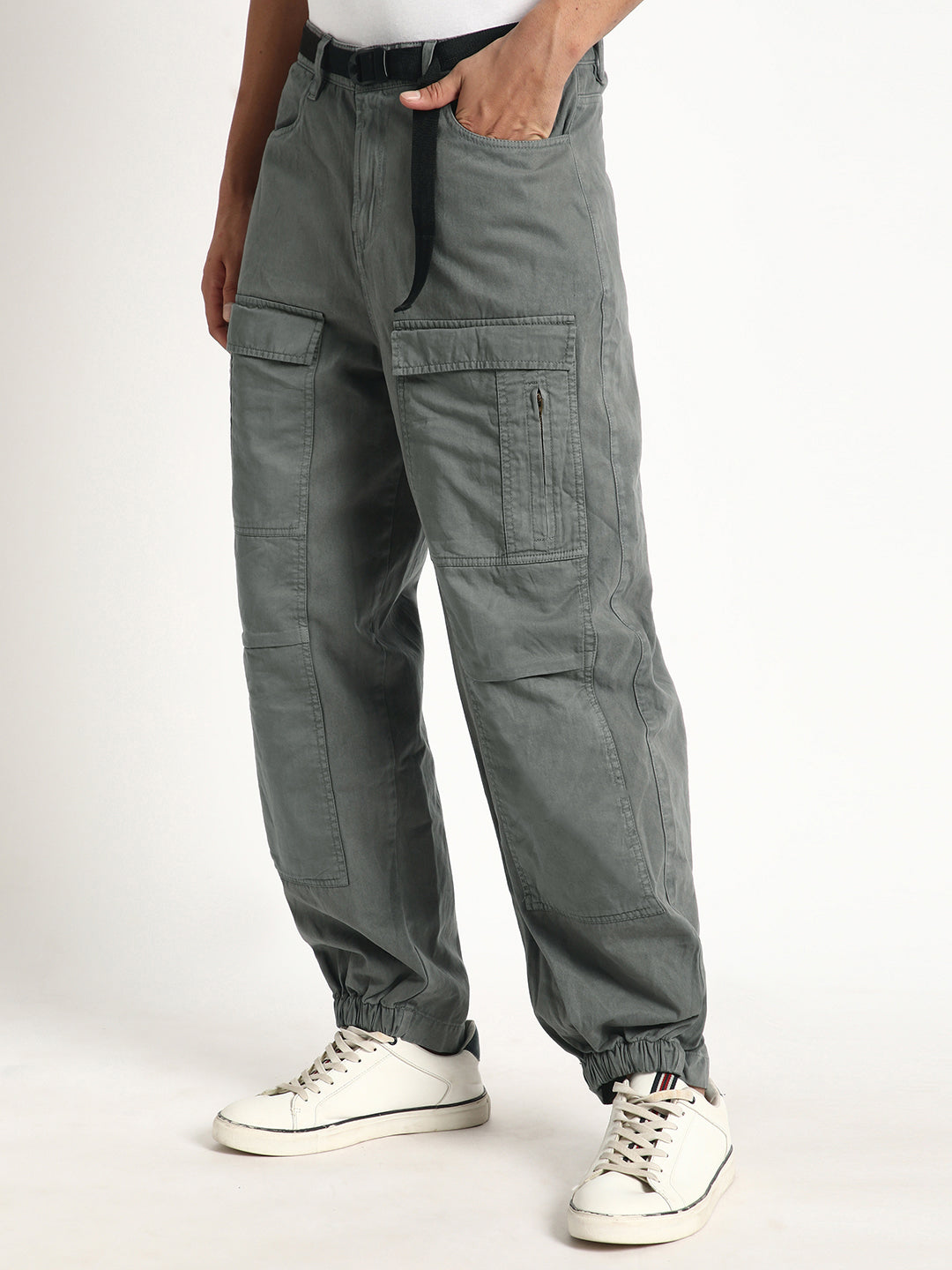 Loose Balloon Fit Solid Cargo Joggers with Belt