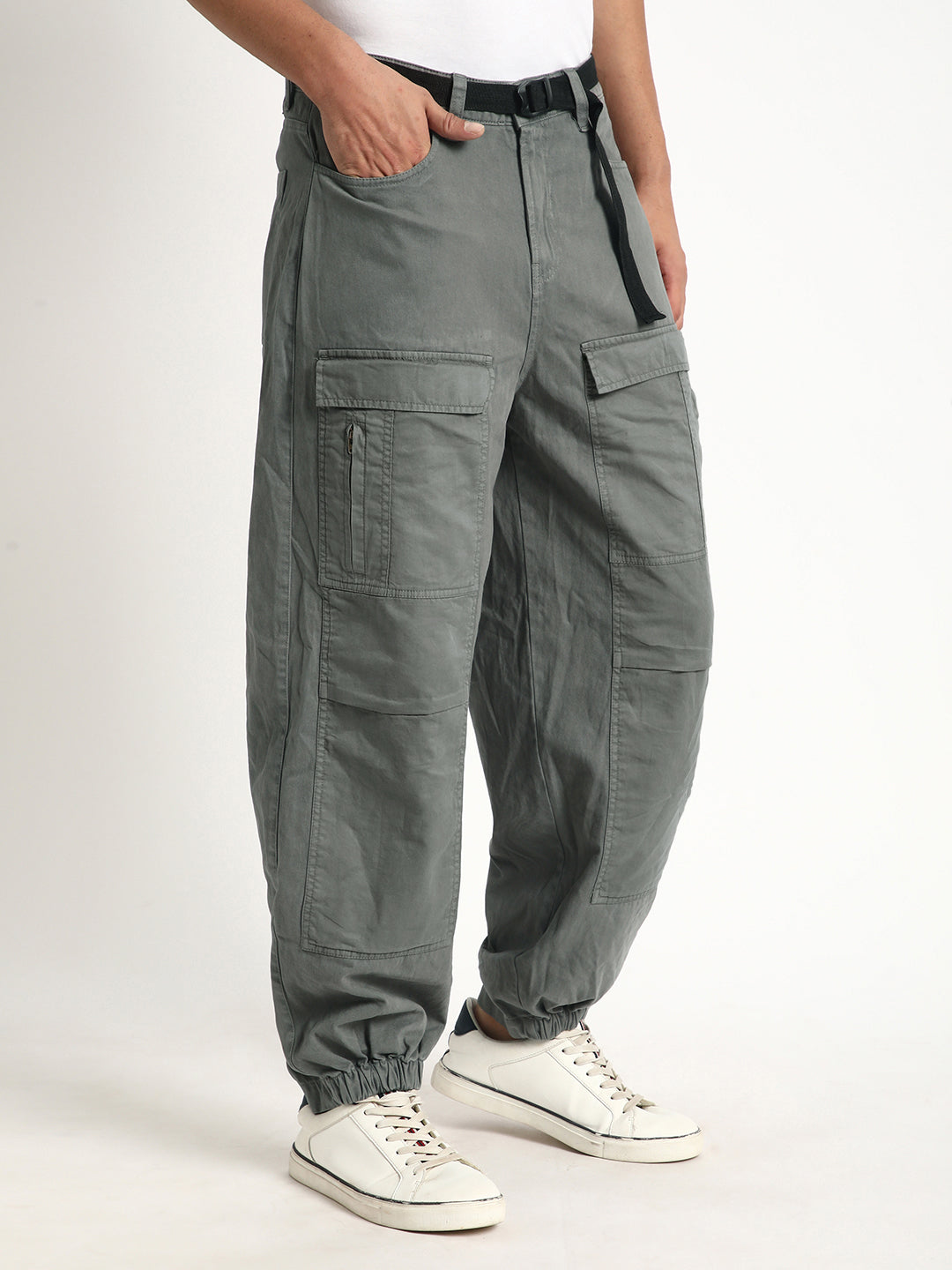 Loose Balloon Fit Solid Cargo Joggers with Belt