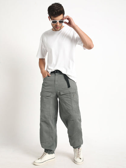 Loose Balloon Fit Solid Cargo Joggers with Belt