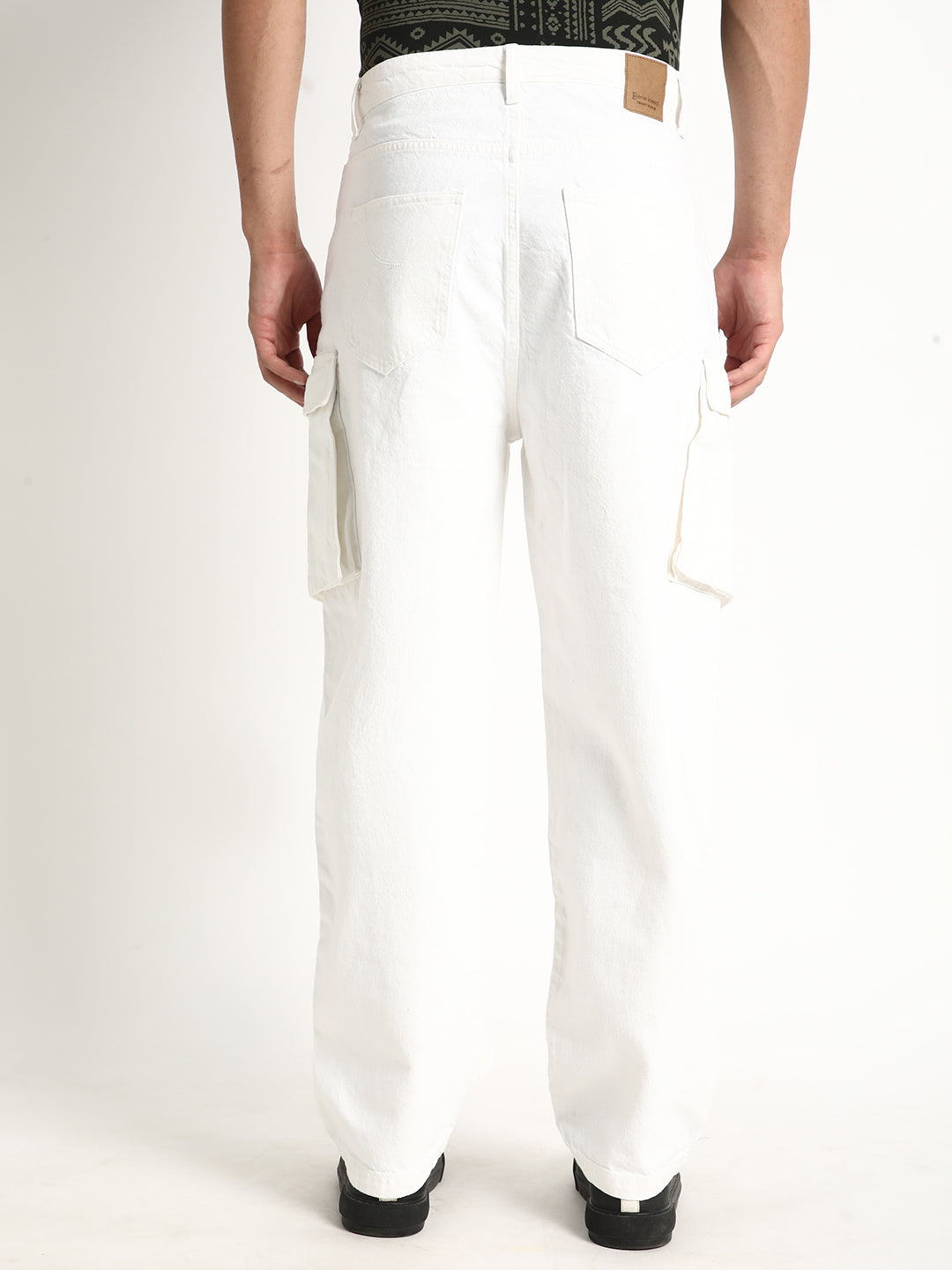 Men White Baggy Fit Solid Cargo Jeans