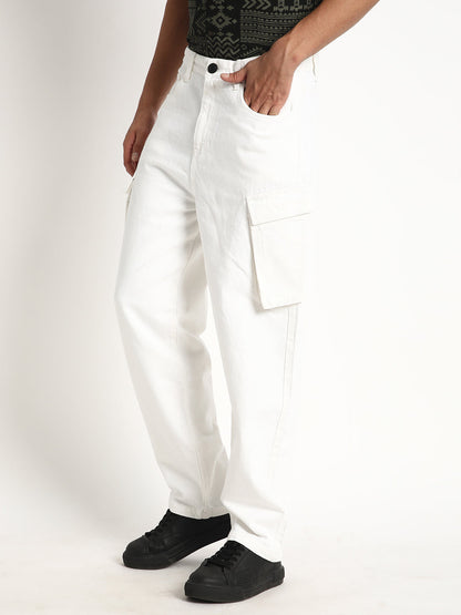 Men White Baggy Fit Solid Cargo Jeans