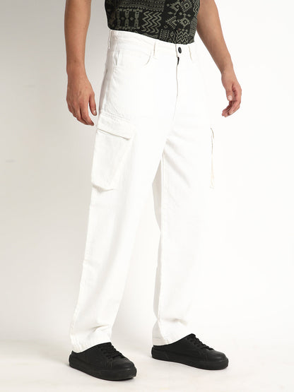 Men White Baggy Fit Solid Cargo Jeans