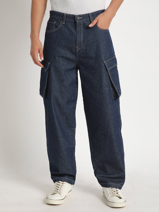 Men Navy Baggy Fit Solid Cargo Jeans