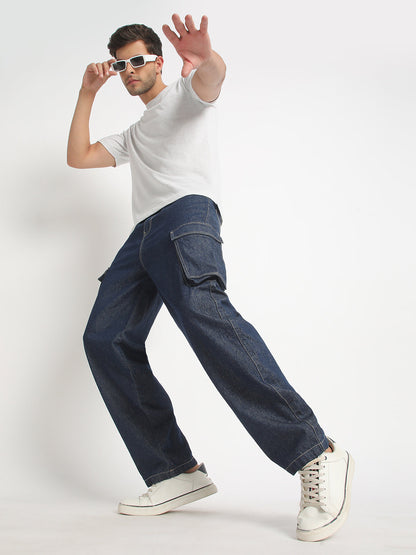 Men Navy Baggy Fit Solid Cargo Jeans