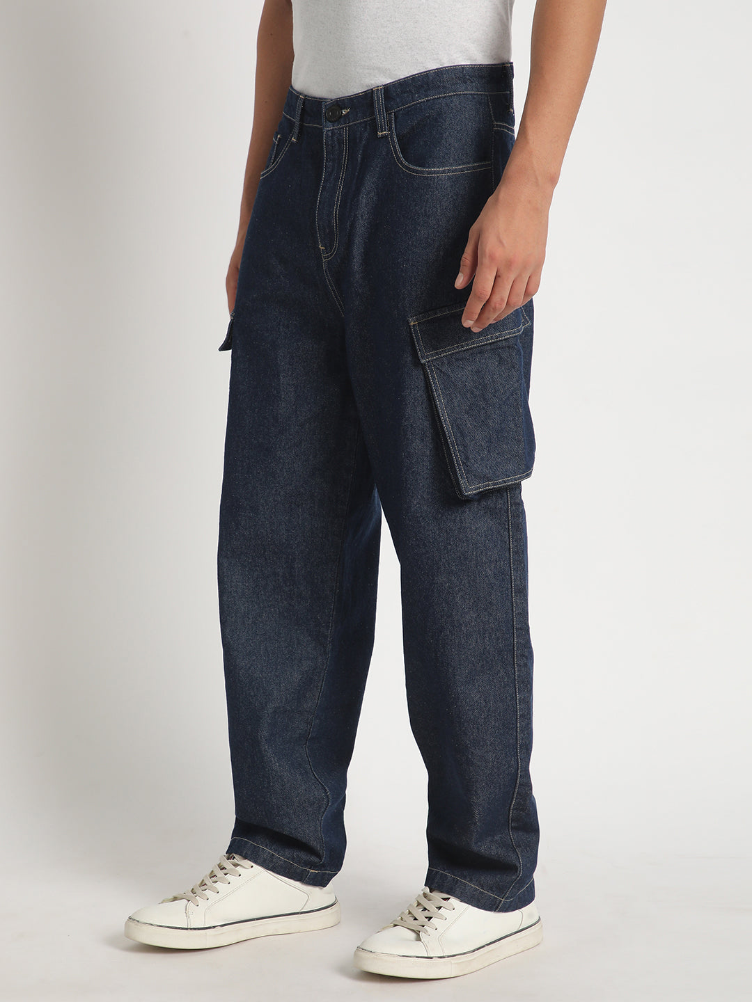 Men Navy Baggy Fit Solid Cargo Jeans