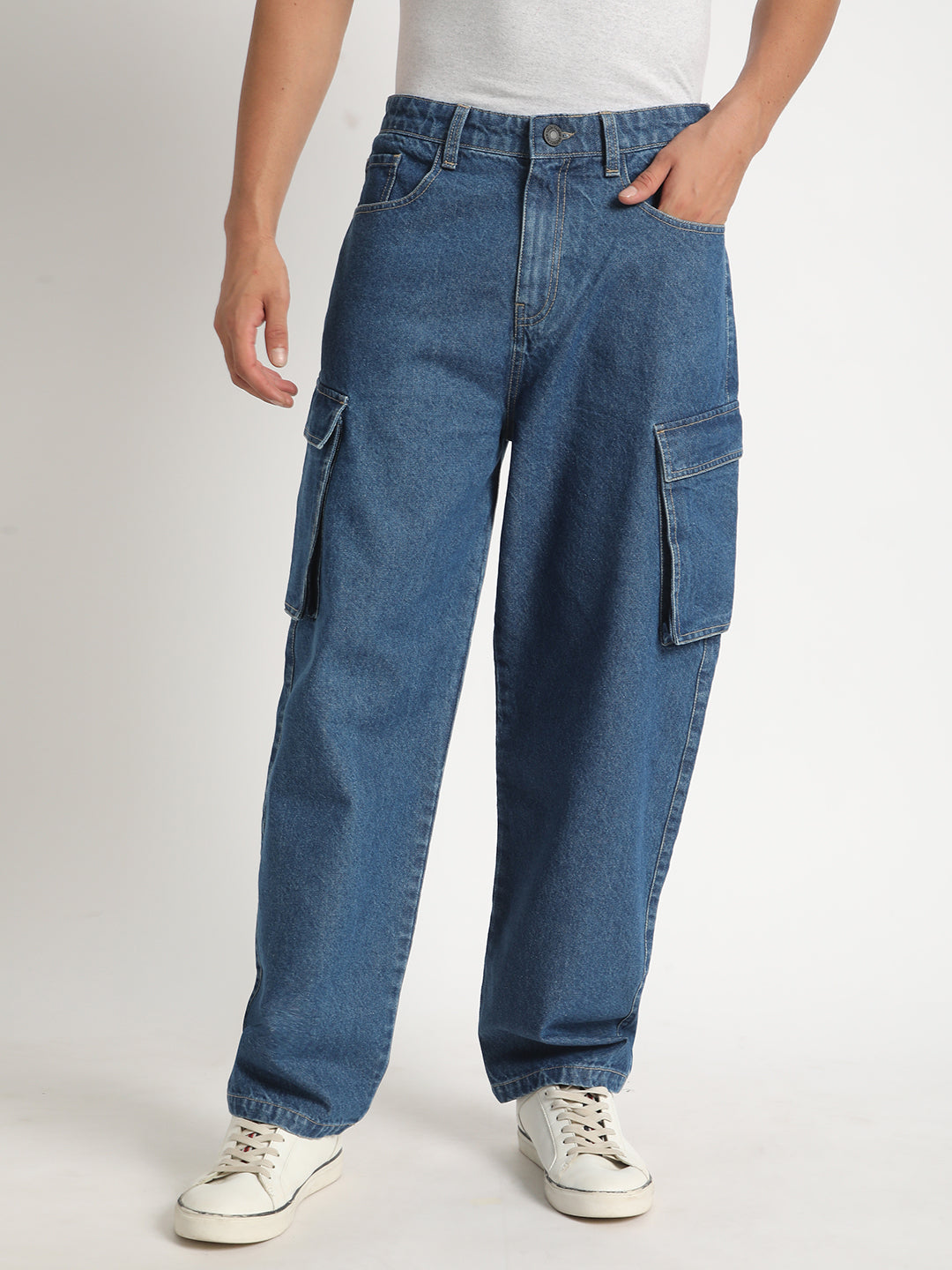 Men Blue Baggy Fit Solid Cargo Jeans