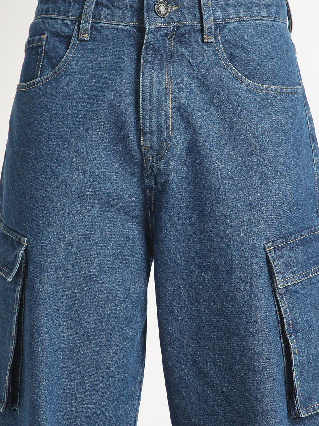 Men Blue Baggy Fit Solid Cargo Jeans