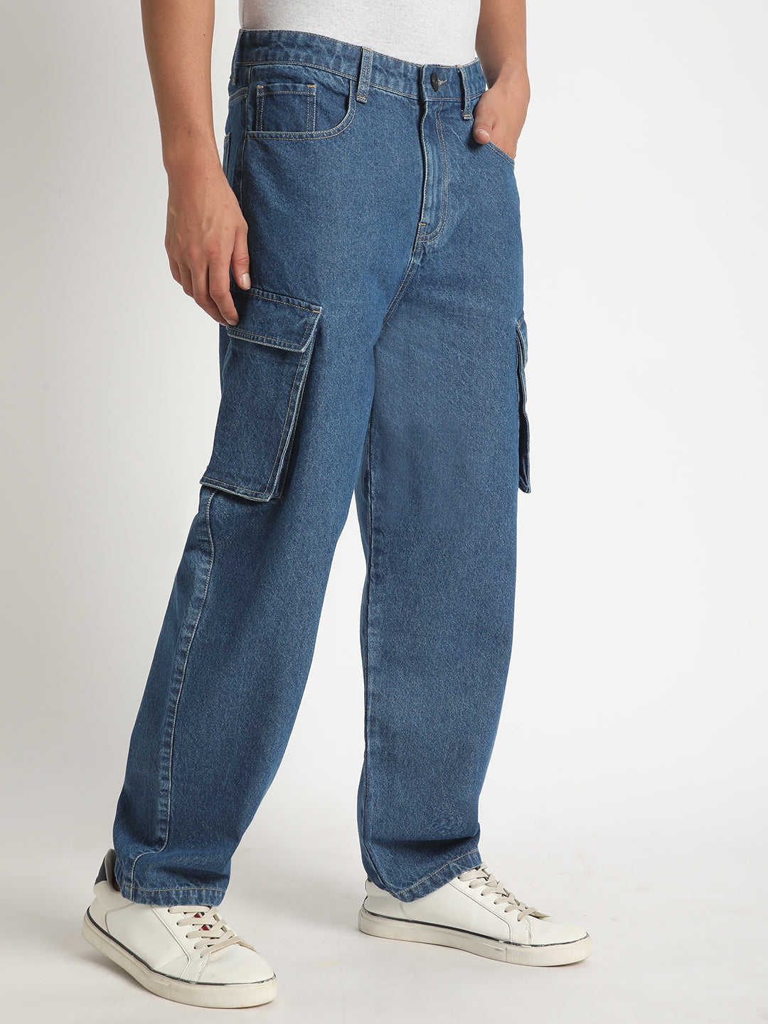 Men Blue Baggy Fit Solid Cargo Jeans