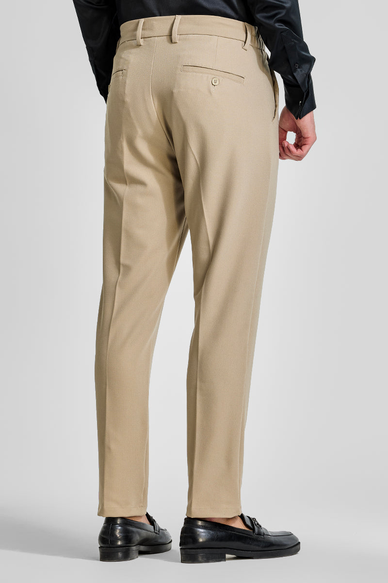 Beige Plain Regular Fit Trousers