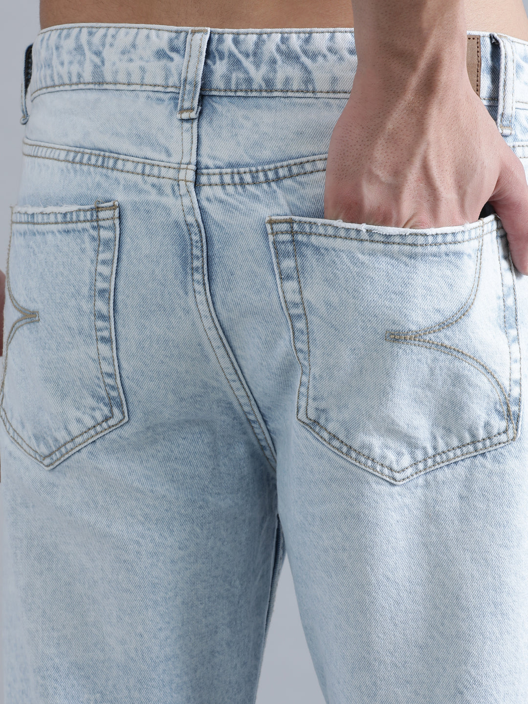 Men Light Blue Relaxed Fit Solid Highly Distressed Jeans