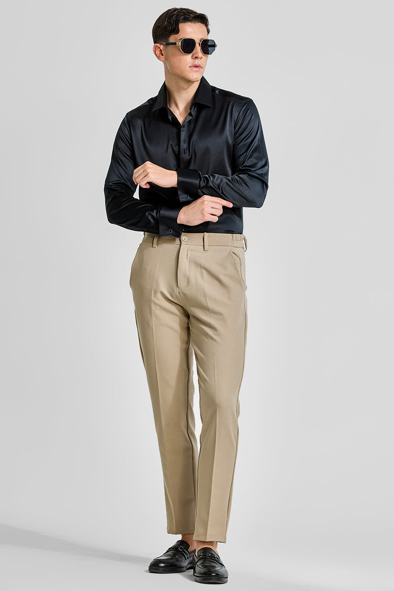 Beige Plain Regular Fit Trousers