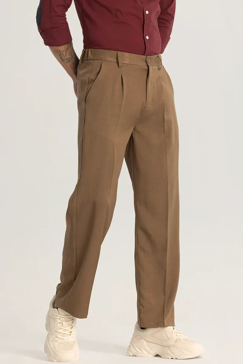 Brown Plain Relaxed Fit Trousers