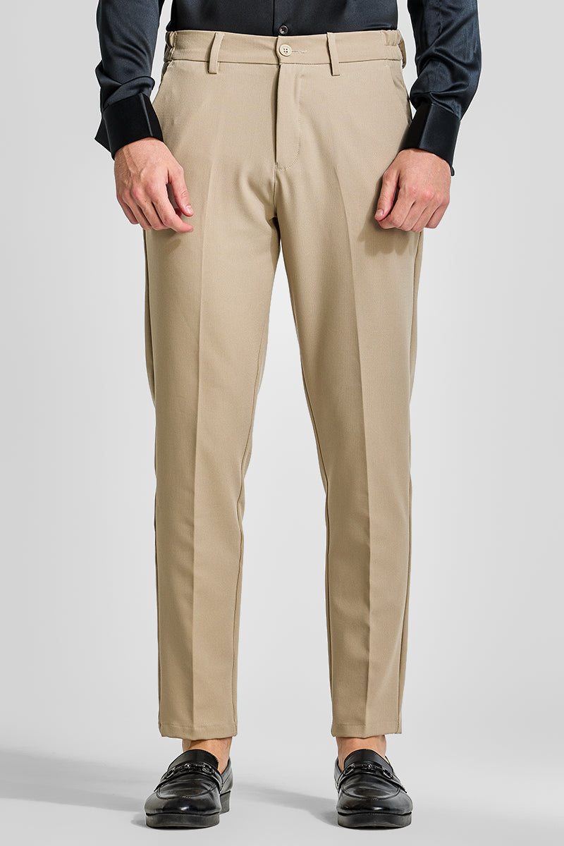 Beige Plain Regular Fit Trousers