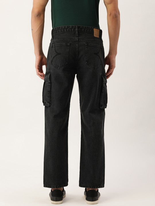 Men Charcoal Relaxed Fit Solid Cargo Jeans