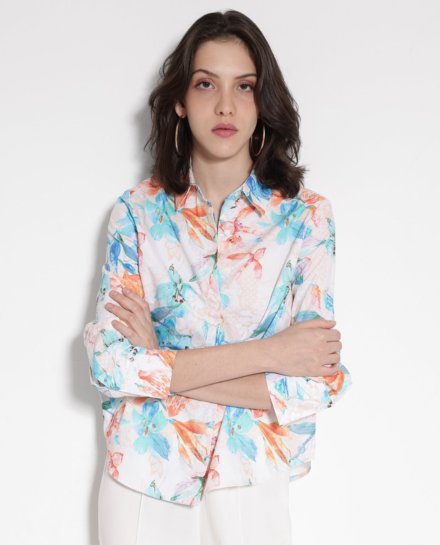 Rareism Women Abbi Off White Cuffed Sleeve Collared Collar Button Relaxed Fit Floral Print Top