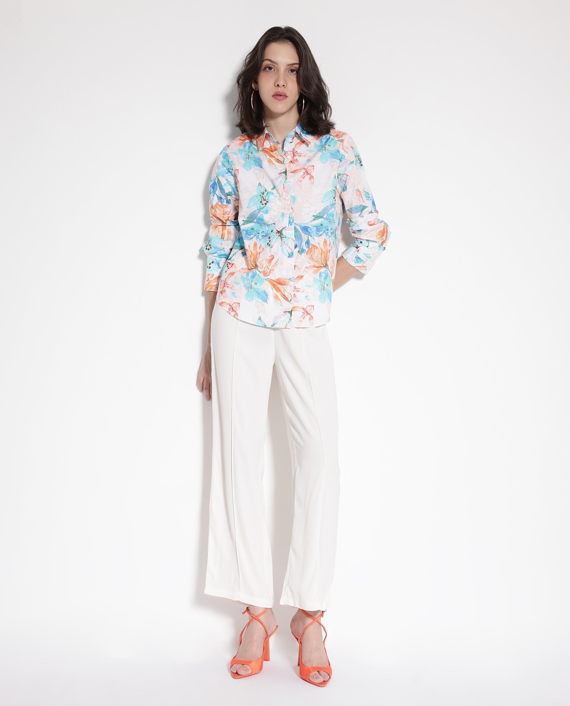 Rareism Women Abbi Off White Cuffed Sleeve Collared Collar Button Relaxed Fit Floral Print Top