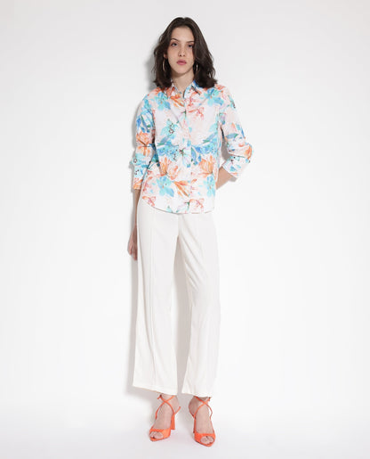 Rareism Women Abbi Off White Cuffed Sleeve Collared Collar Button Relaxed Fit Floral Print Top