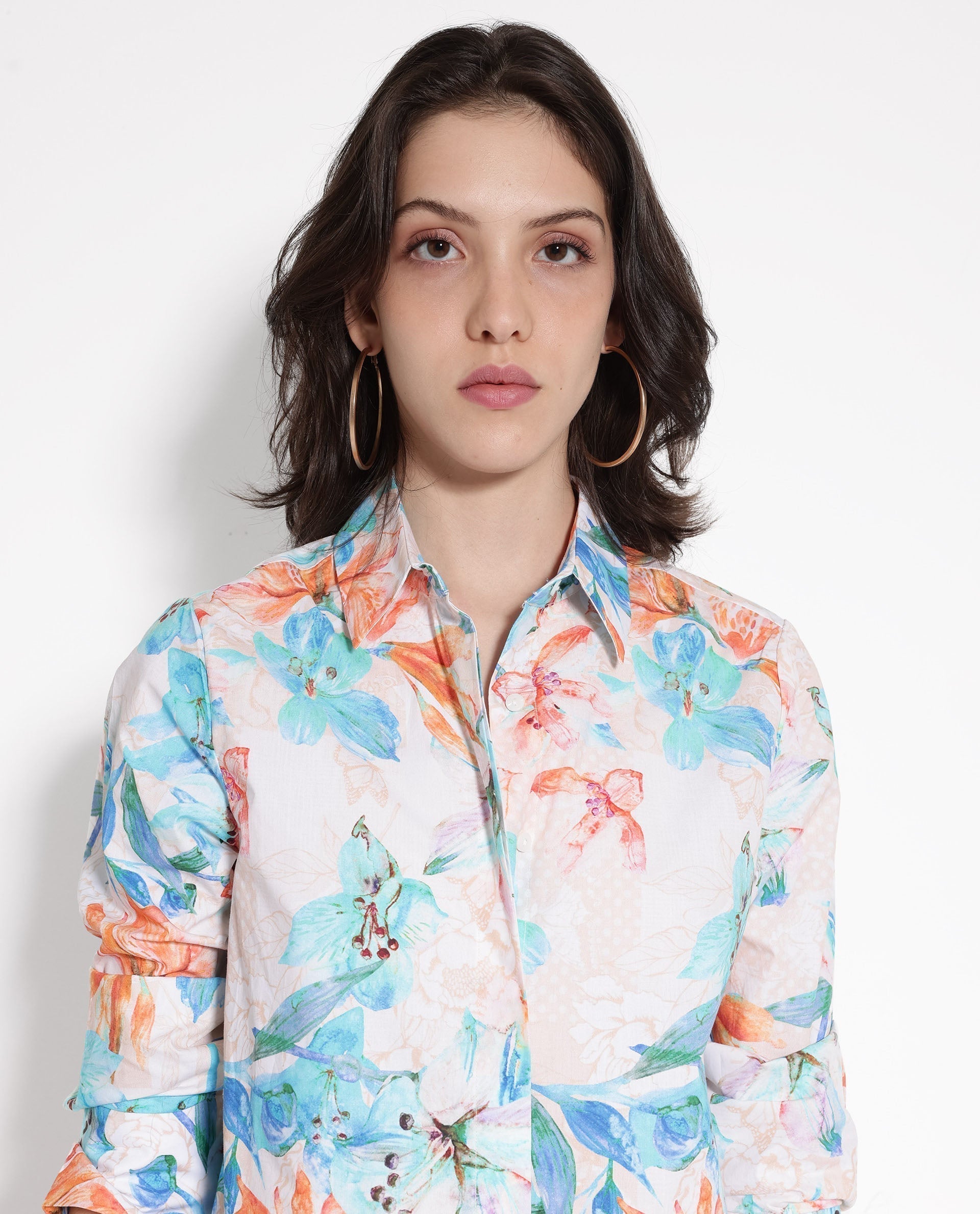 Rareism Women Abbi Off White Cuffed Sleeve Collared Collar Button Relaxed Fit Floral Print Top