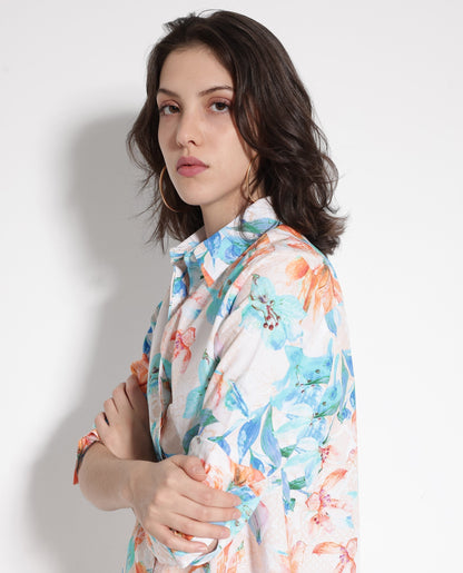 Rareism Women Abbi Off White Cuffed Sleeve Collared Collar Button Relaxed Fit Floral Print Top