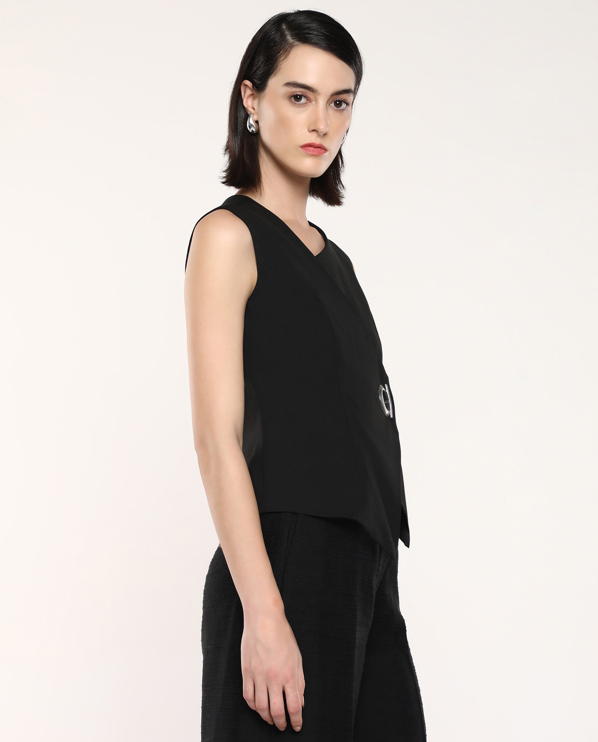 Rareism Women Achilles Black Sleeveless Asymmetric Neck Zipper Closure Fitted Plain Top