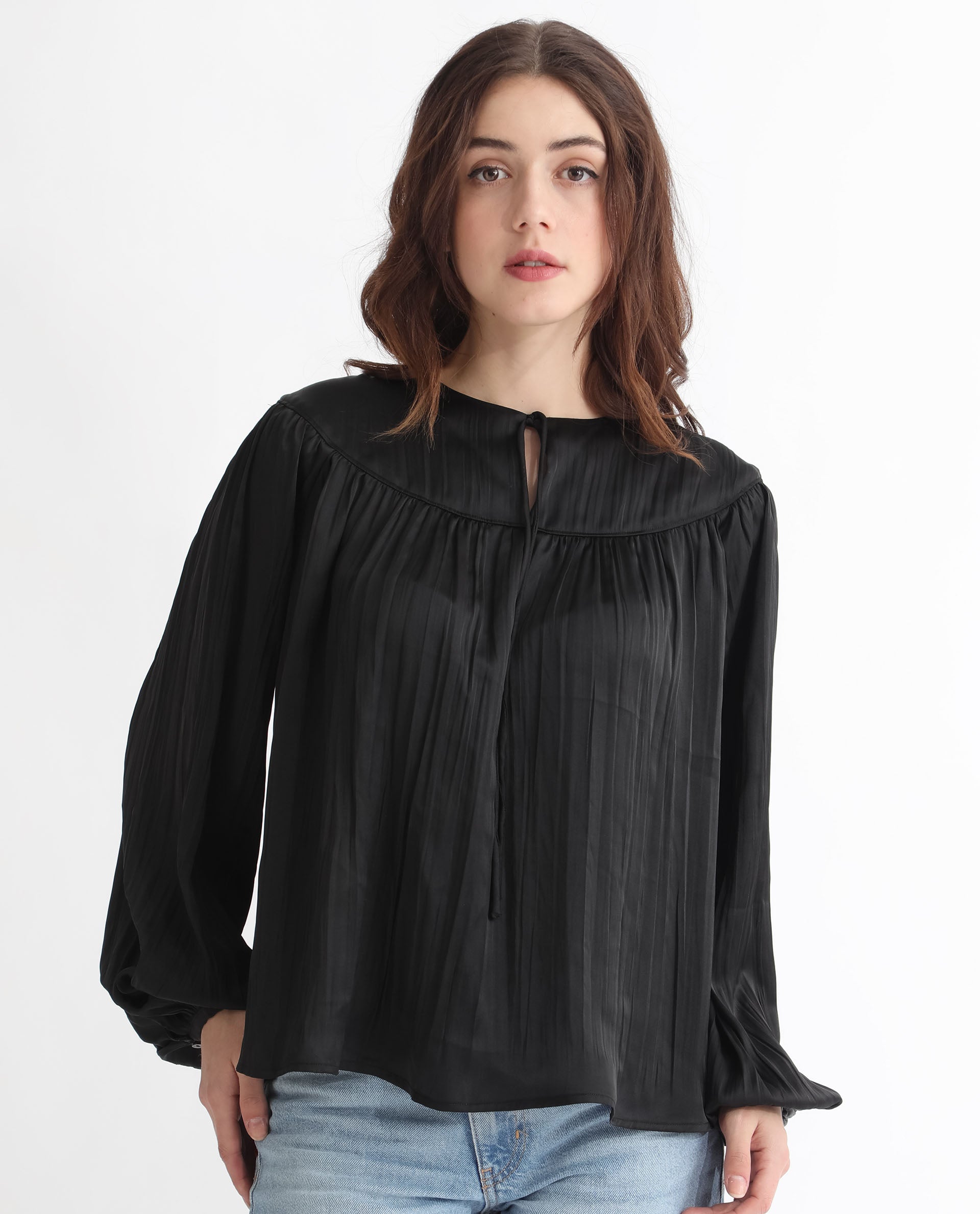 Rareism Women Agathe Black Polyester Fabric Full Sleeves Tie-Up Neck Balloon Sleeve Relaxed Fit Plain Top