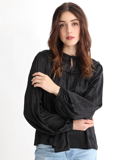 Rareism Women Agathe Black Polyester Fabric Full Sleeves Tie-Up Neck Balloon Sleeve Relaxed Fit Plain Top