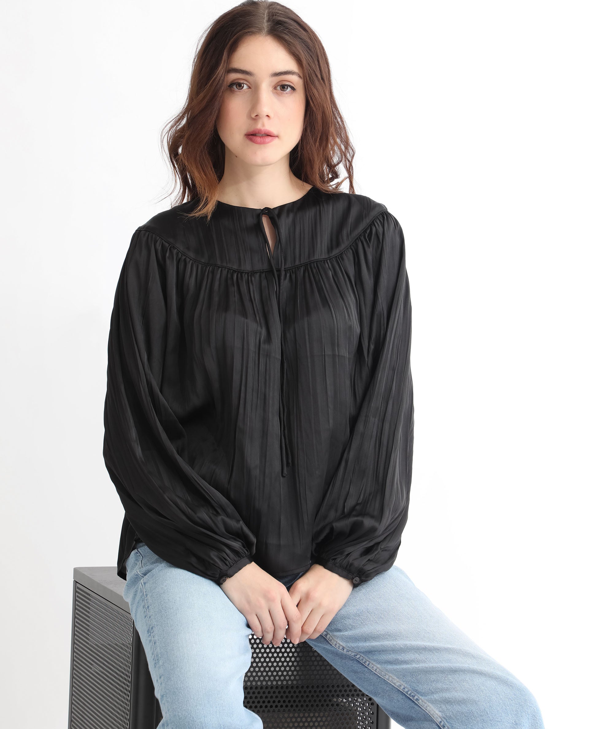 Rareism Women Agathe Black Polyester Fabric Full Sleeves Tie-Up Neck Balloon Sleeve Relaxed Fit Plain Top