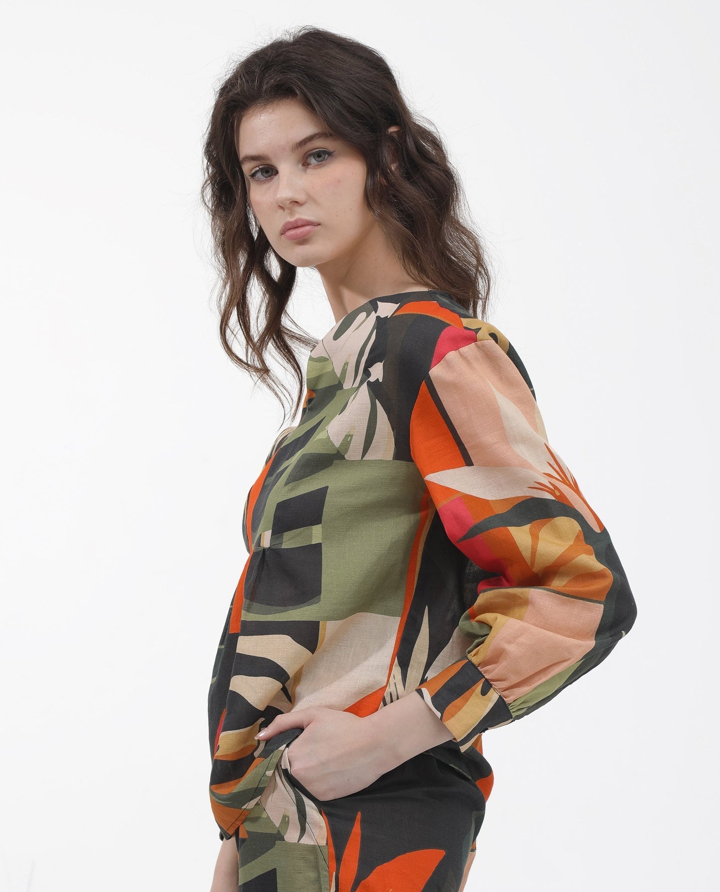 Rareism Women Agenia-T Pastel Multi Cotton Linen Fabric Regular Sleeves V-Neck Abstract Print Regular Length Top