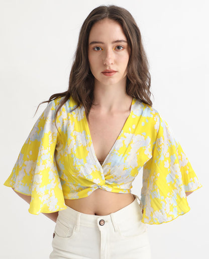 Rareism Women Ainara Yellow Polyester Fabric Short Sleeves Zip Closure V-Neck Flared Sleeve Regular Fit Abstract Print Cropped Top