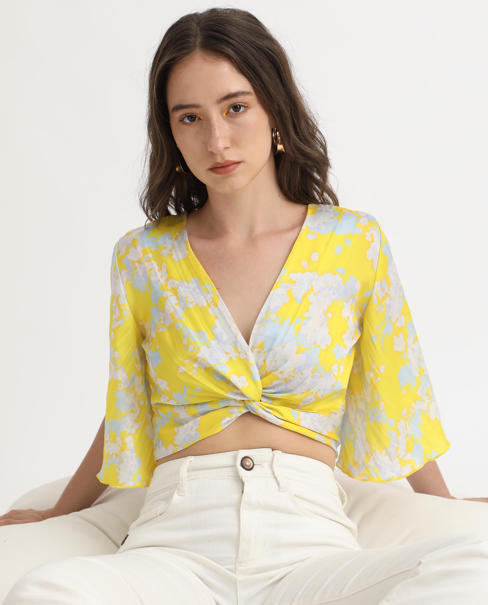 Rareism Women Ainara Yellow Polyester Fabric Short Sleeves Zip Closure V-Neck Flared Sleeve Regular Fit Abstract Print Cropped Top