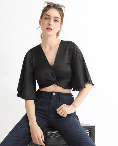 Rareism Women Ainara Black Polyester Fabric Regular Fit Cropped V-Neck Half Sleeves Solid Top