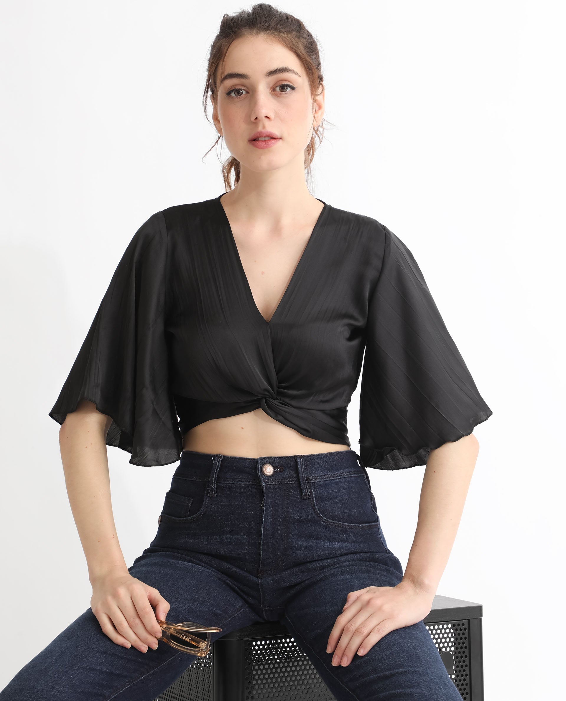 Rareism Women Ainara Black Polyester Fabric Regular Fit Cropped V-Neck Half Sleeves Solid Top