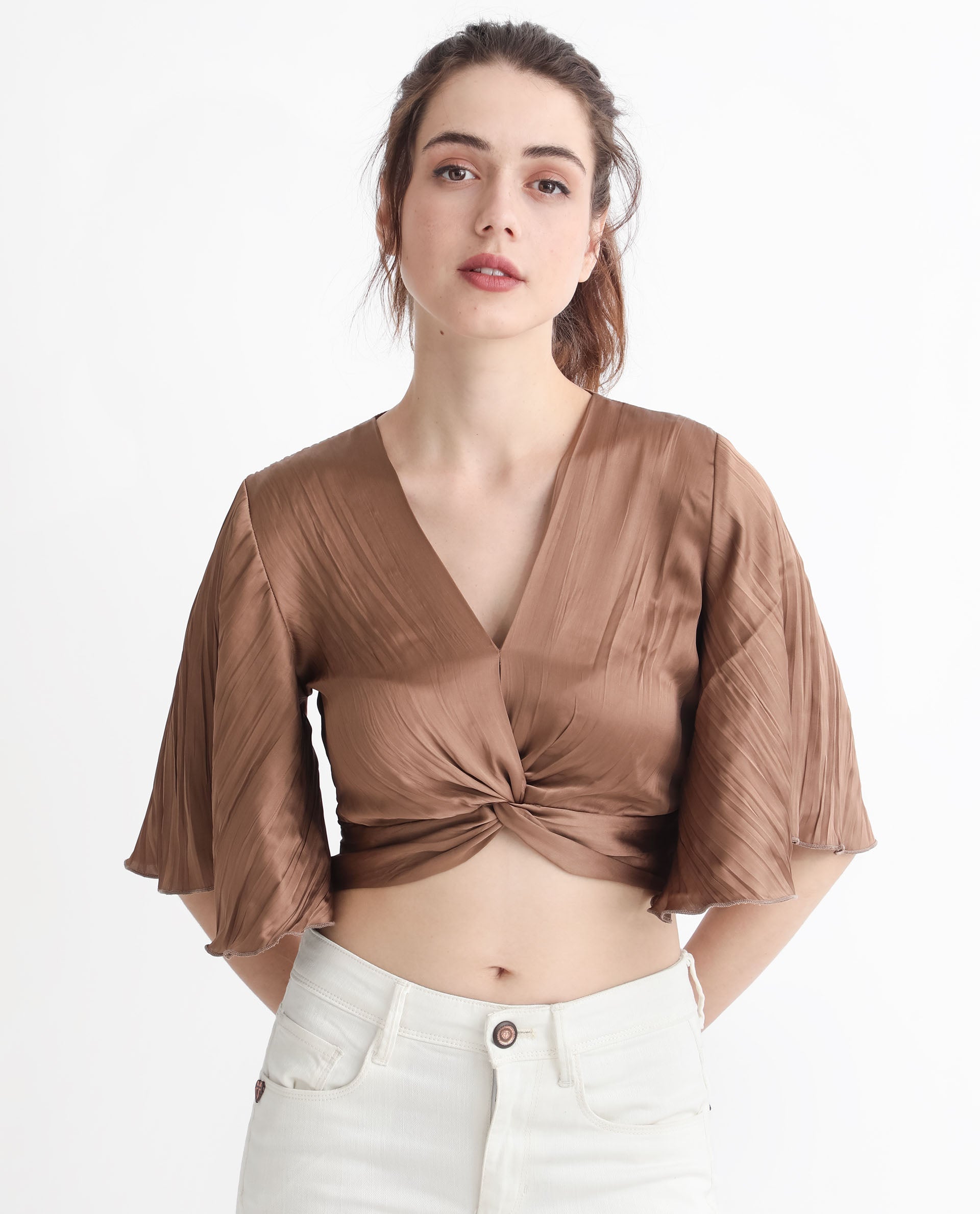 Rareism Women Ainara Dark Beige Polyester Fabric Regular Fit Cropped V-Neck Half Sleeves Solid Top