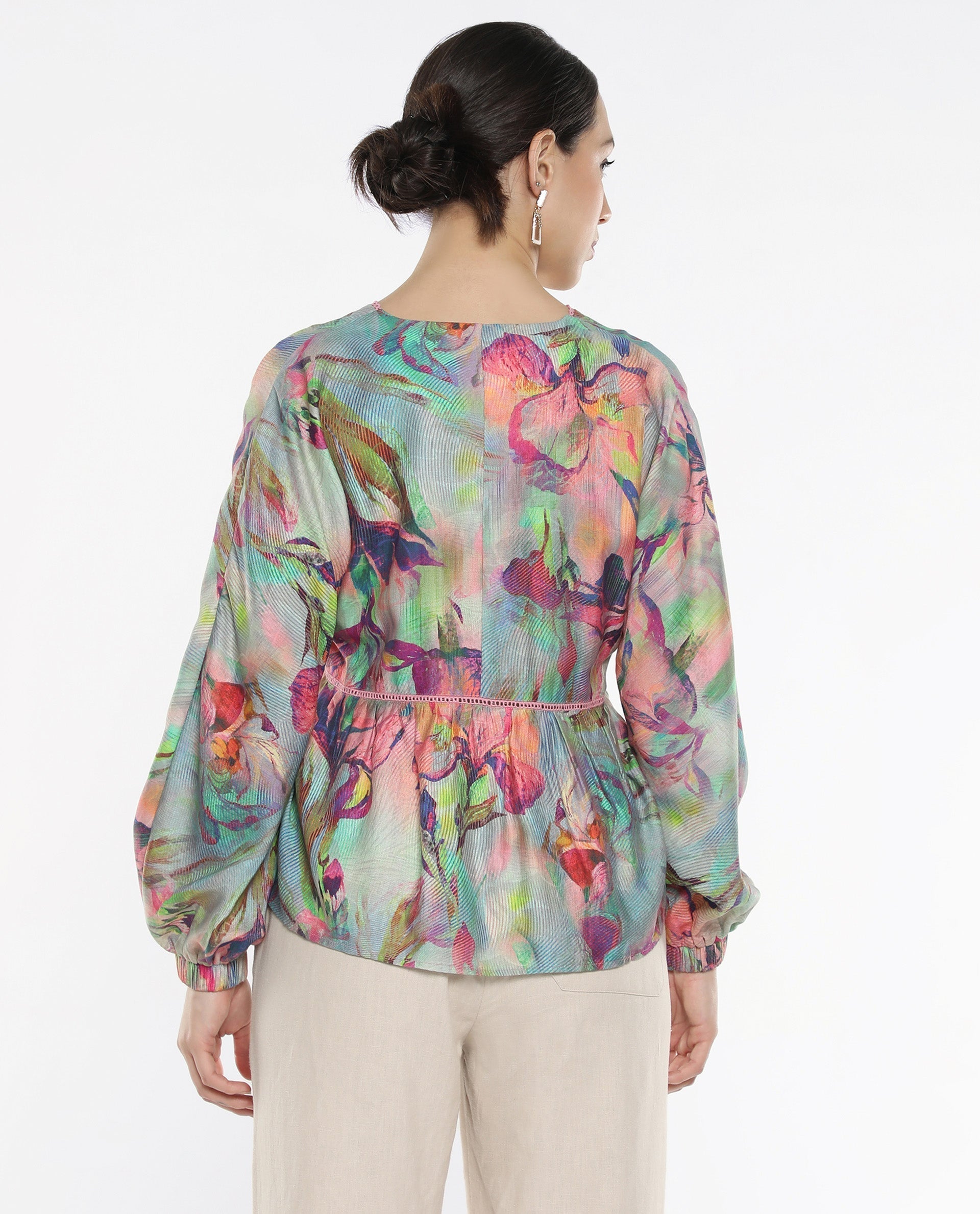 Rareism Women Ajax Multi Bishop Sleeves V-Neck Floral Print Top