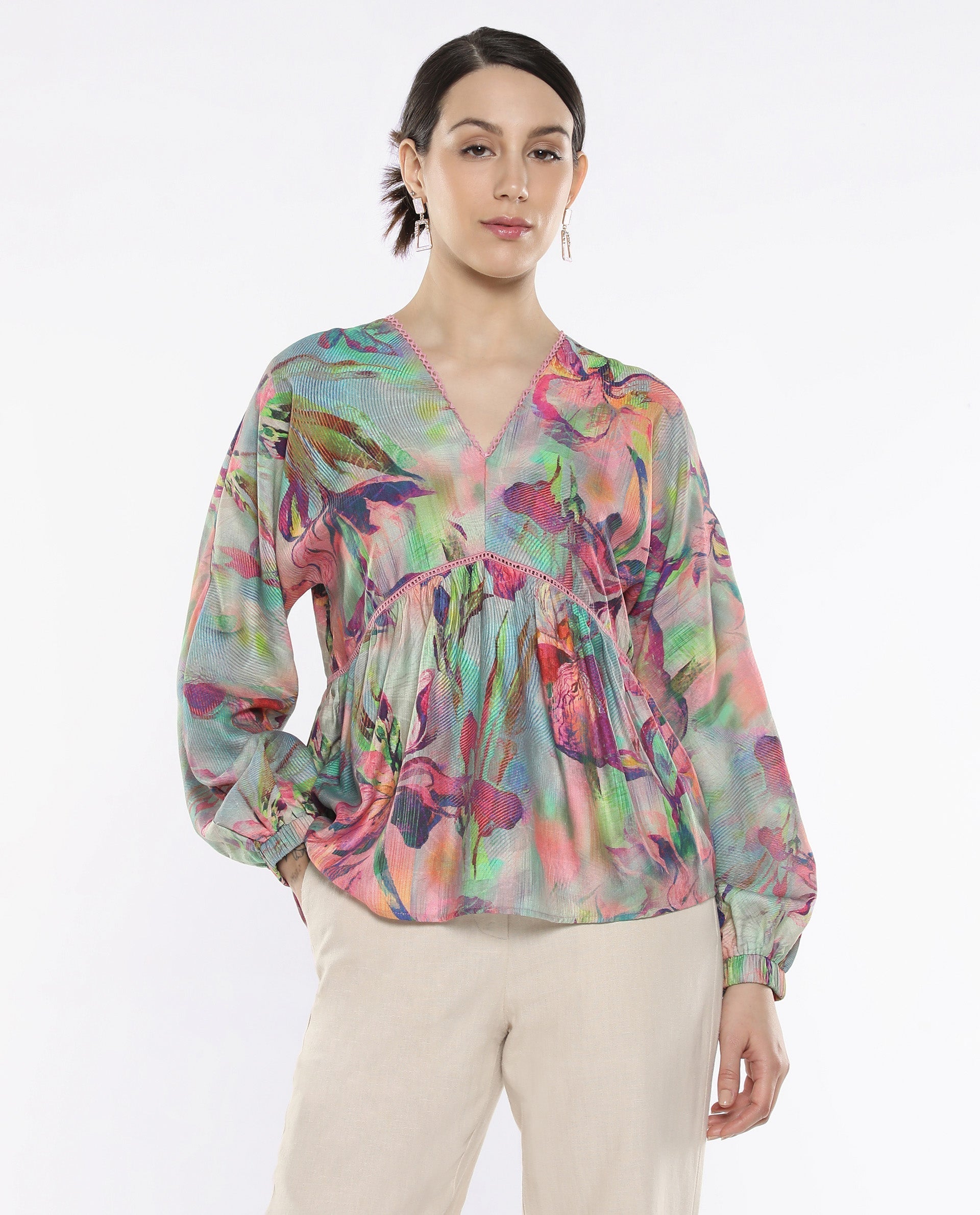 Rareism Women Ajax Multi Bishop Sleeves V-Neck Floral Print Top