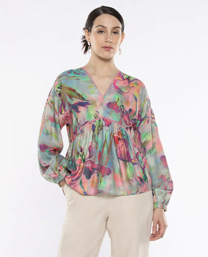 Rareism Women Ajax Multi Bishop Sleeves V-Neck Floral Print Top