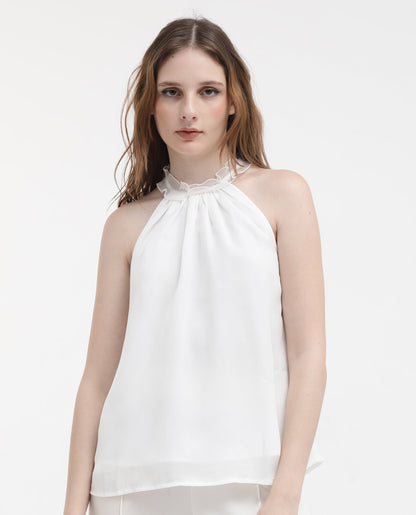 Rareism Women Akane White Polyester Fabric Halter neck Sleeveless Round Neck  Solid Top