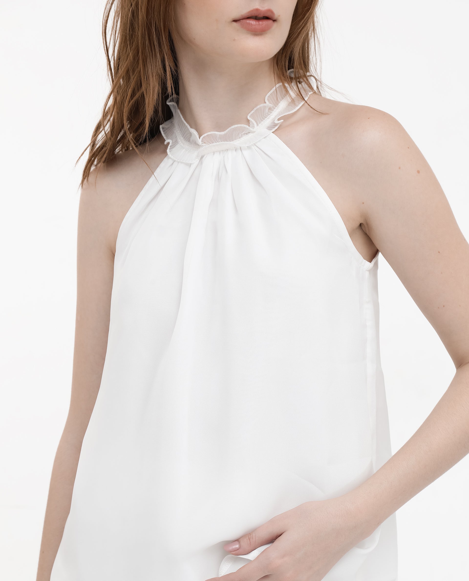 Rareism Women Akane White Polyester Fabric Halter neck Sleeveless Round Neck  Solid Top