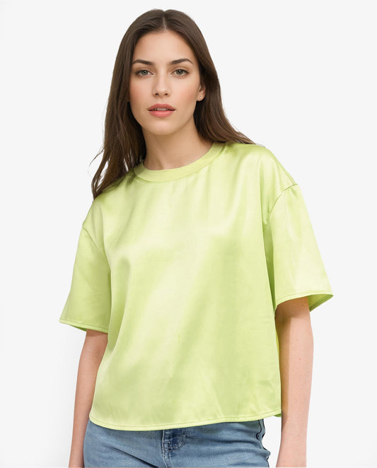 Rareism Women Akiya Green Polyester Fabric Short Sleeve Top with Ribbed Neck