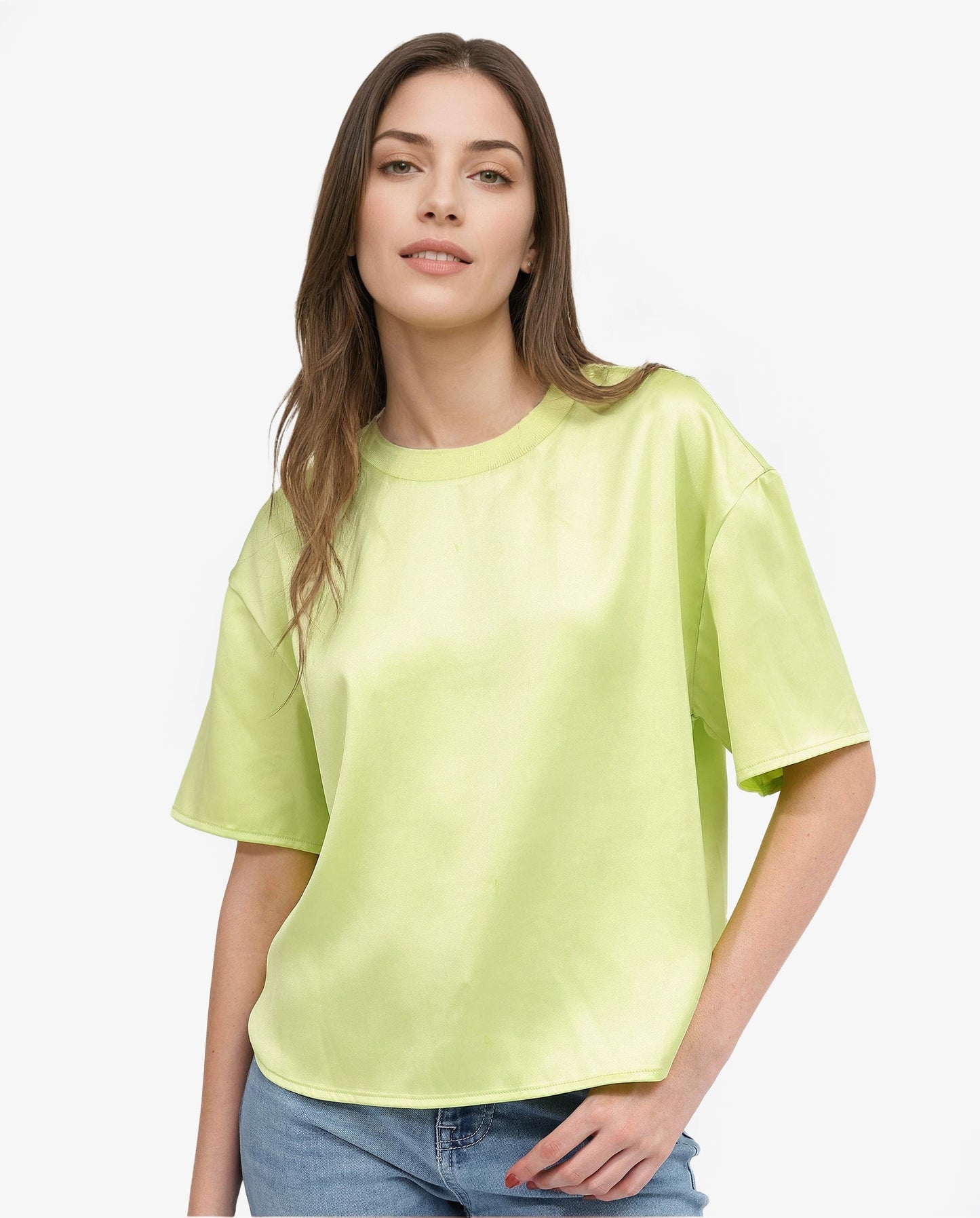 Rareism Women Akiya Green Polyester Fabric Short Sleeve Top with Ribbed Neck