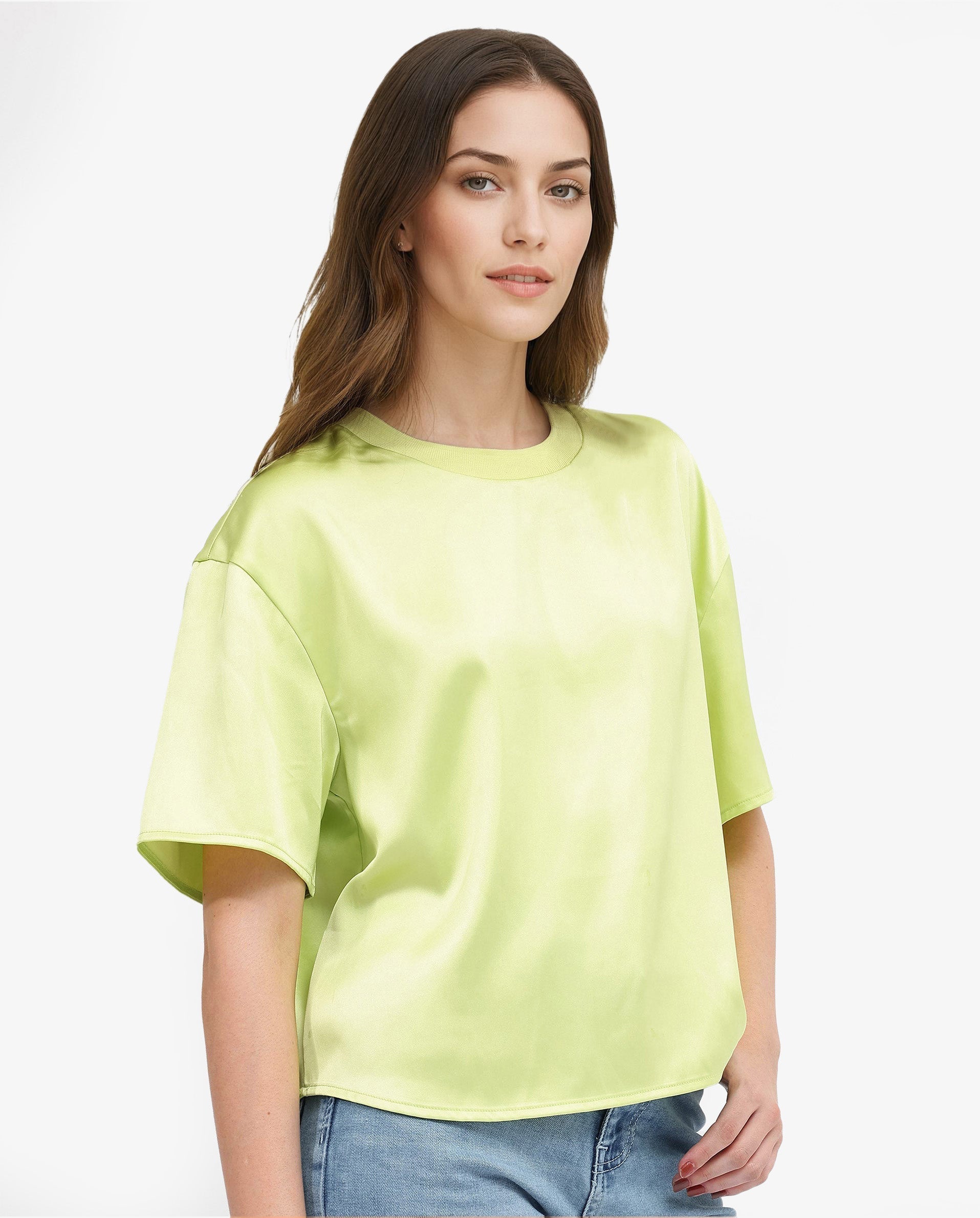 Rareism Women Akiya Green Polyester Fabric Short Sleeve Top with Ribbed Neck