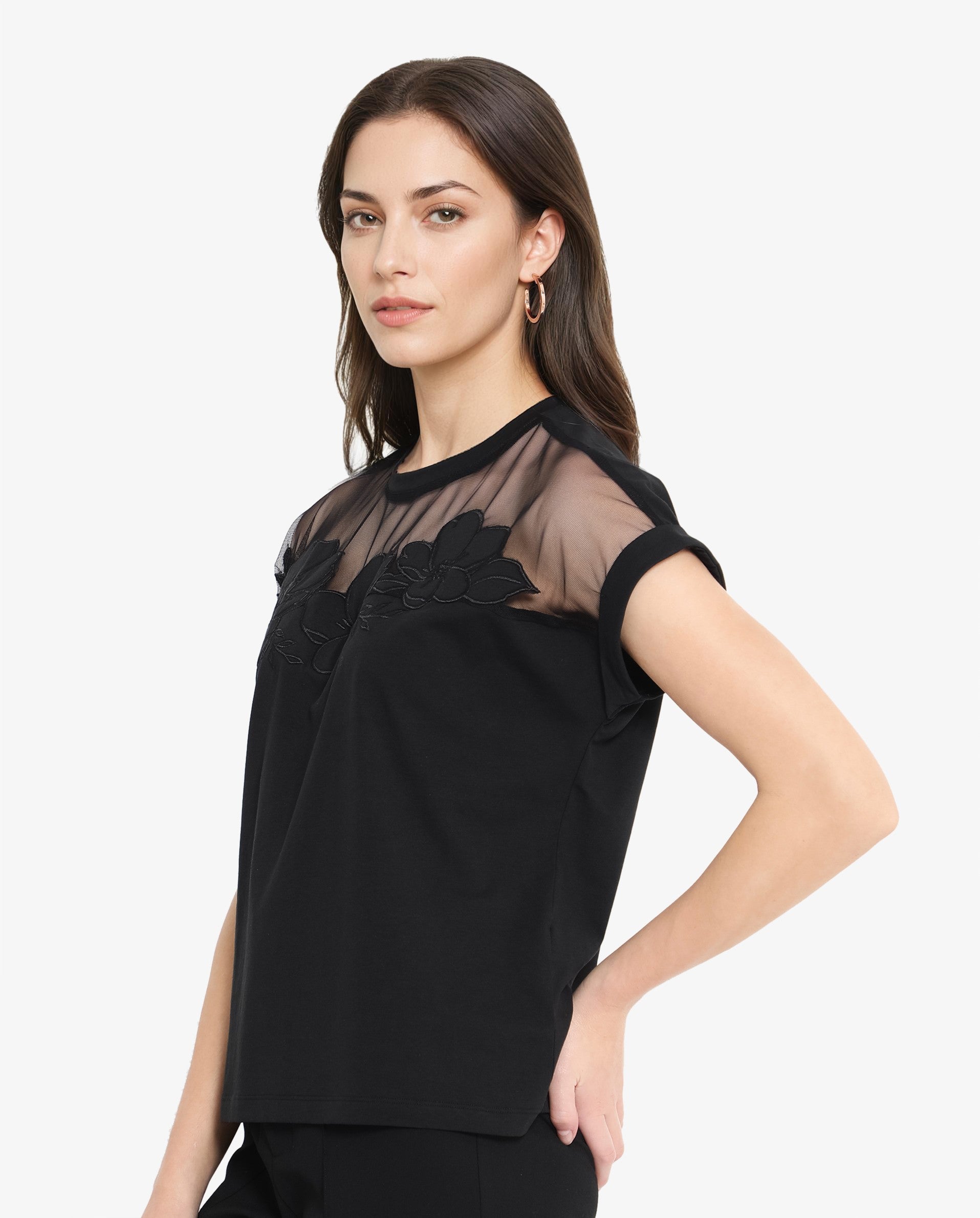 Rareism Women Alexdan Black Cotton Elastane Fabric Embroidered Neck Top